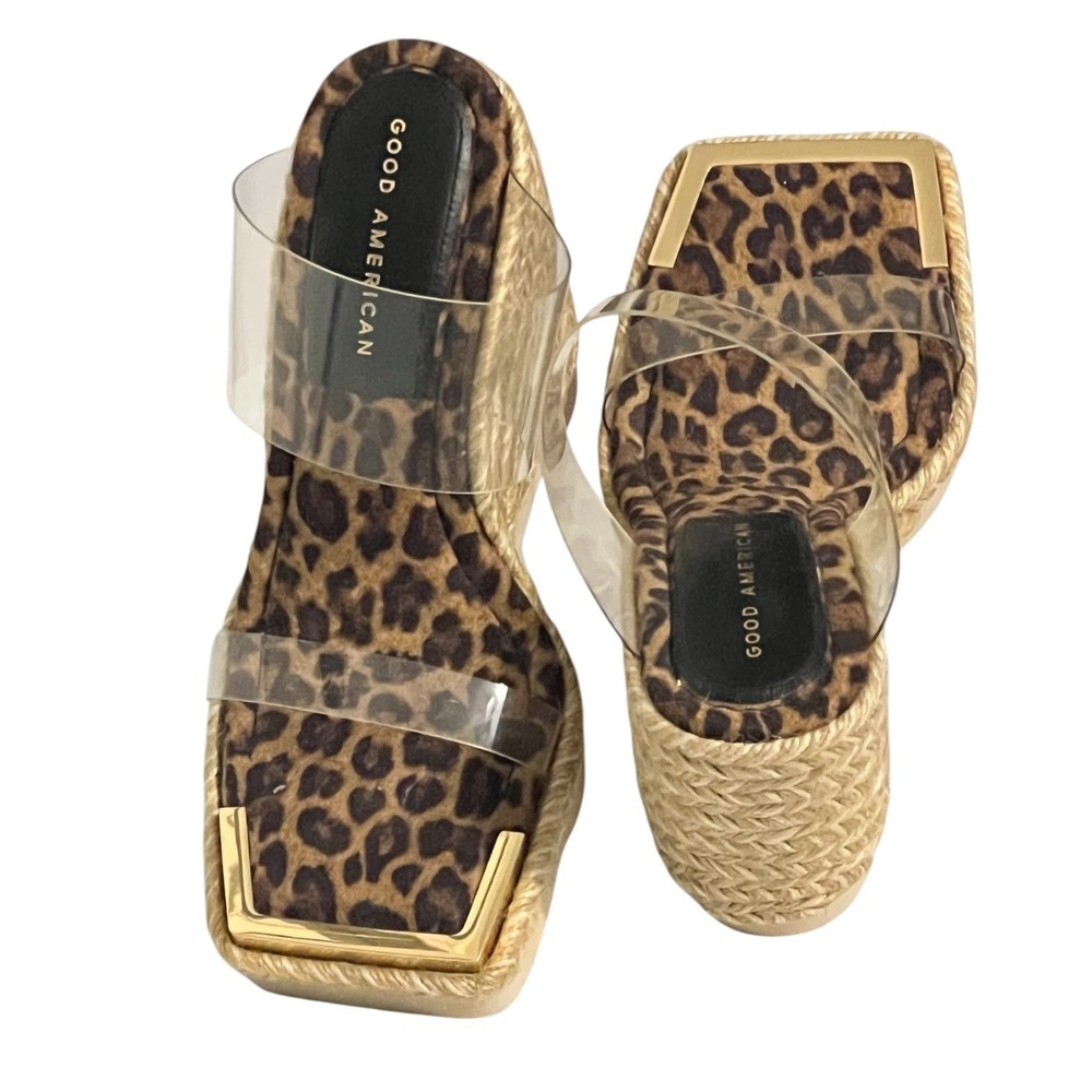 NWOB Good American Clear Strap Leopard Espadrille Platform Sandals Size 6